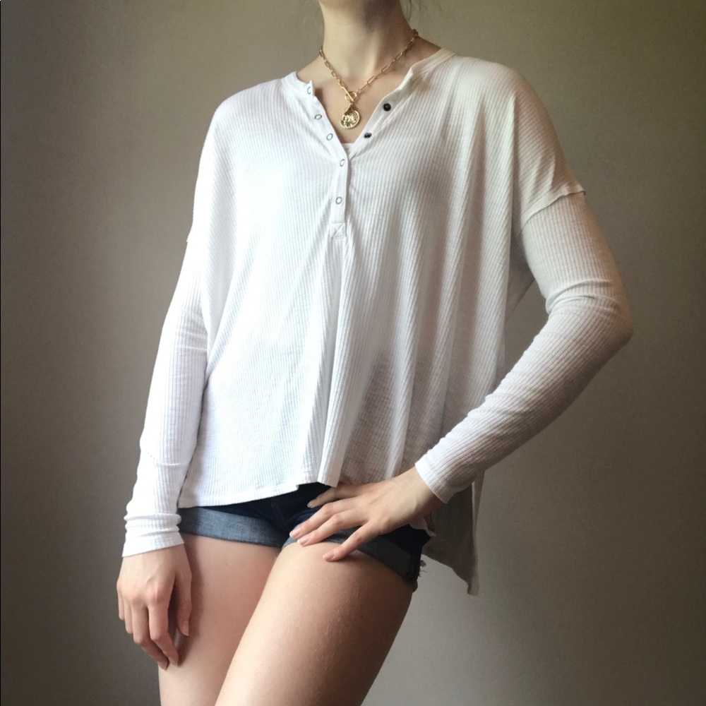 Aerie White Ribbed Henley Top